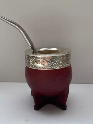 Mate Imperial cuero marrón interior calabaza guarda alpaca + bombilla pico de loro