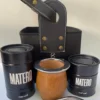 Set Matero algarrobo: INCLUYE: Camionero de algarrogo + canasta grande eco + yerbero y azucarero negro marwal + bombilla inox con filtro/pala