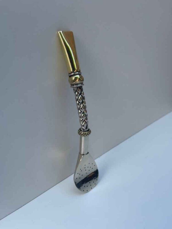 Bombillon de alpaca premium, pala ancha y doble dije de bronce, pico recto