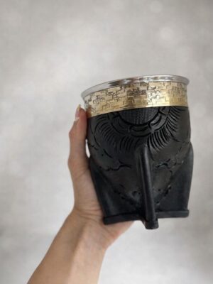 Imperial guarda de alpaca - calabaza - CUERO REPUJADO NEGRO - CON BOMBILLA