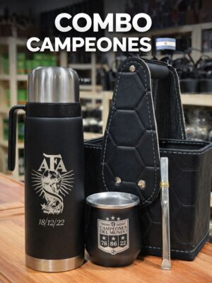 COMBO CAMPEONES [GRABADO] : TERMO MEDIA MANIJA + MATE CON VUELO + BOMBILLA CHATA + CANASTA CUERINA PELOTA